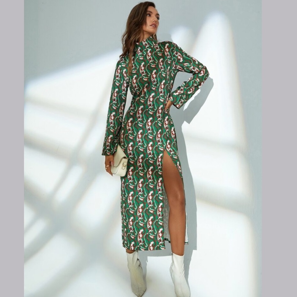 Zara The Floral Side Slit Stand Collar Dress